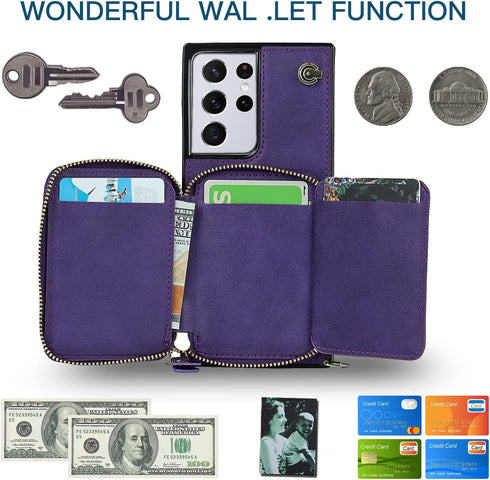 Asuwish Phone Case for Samsung Galaxy S21 Ultra 5G Wallet Cover with Tempered Glass Screen Protector and Zipper Card Holder Slot Stand Leather Mob...