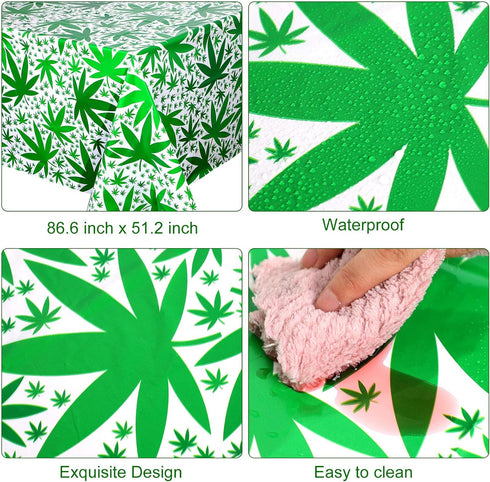 2 Pieces Pot Leaves Weed Banners and 51.2 x 86.6 Inch Weed Tablecover Green Hawaii Tropical Palm Leaves Banner Tablecloth for Pot Leaf Felt Birthd...
