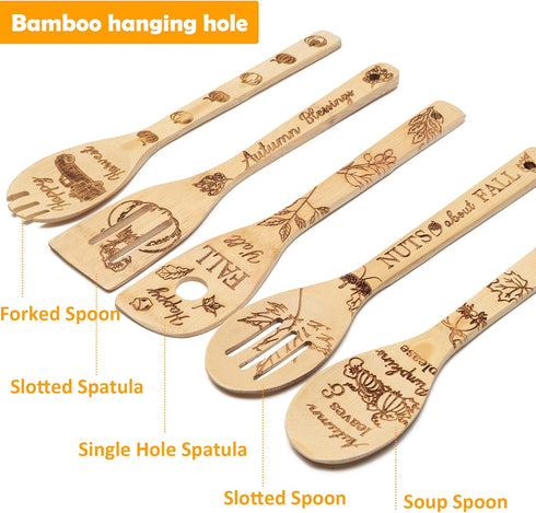 5Pcs Autumn Theme Wooden Spoons Utensils Set, Fall Pumpkin Cooking Utensils Non-Stick Spatula Carve Burned Bamboo Spoons Kitchen Cookware Gadget K...