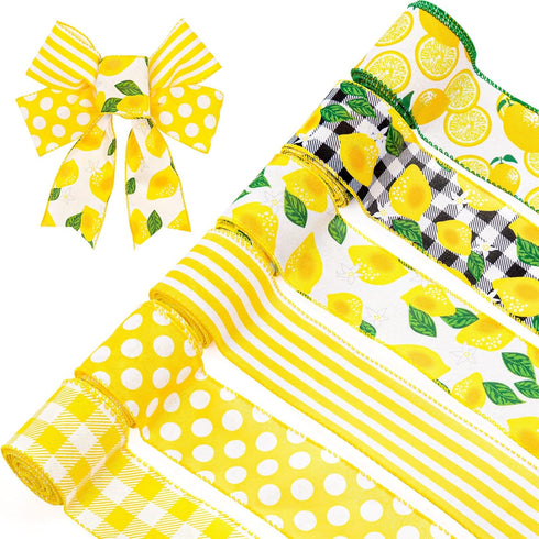 Whaline 30 Yard Summer Lemon Wired Edge Burlap Ribbon 6 Roll Yellow Lemon Buffalo Check Plaid Stripe Dots Pattern Ribbon Fabric Decorative Craft R...