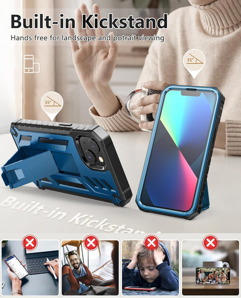 for iPhone 13/14 Protective Case: for iPhone 16e Cover with Built-in Kickstand | Heavy Duty Military Grade Hard Protection Shock Proof | Durable D...