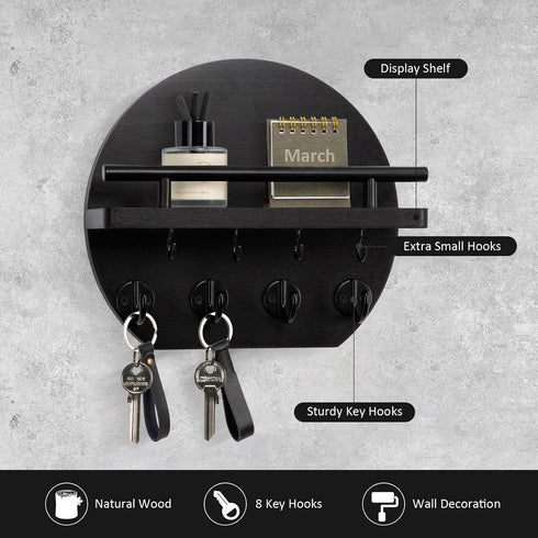 Key Holder for Wall - 9.8 Inch Apartment Wall Decor with Shelf and 8 Key Hooks, Circular Wood Key Hanger for Home Decor (Black)...