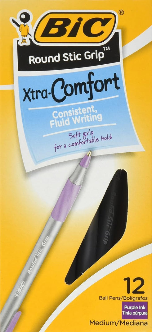BIC Round Stic Grip Xtra Comfort Ballpoint Pen, Medium Point (1.2mm), Purple, 12-Count...