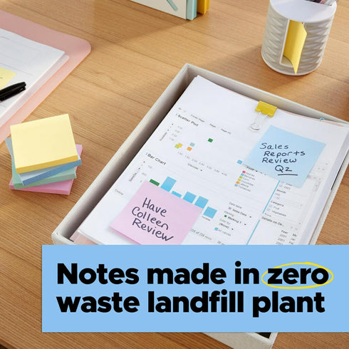 Post-it 100% Recycled Paper Super Sticky Notes, 2X The Sticking Power, 3x3 in, 5 Pads, 70 Sheets/Pad, Wanderlust Pastels Collection (654R-5SSNRP)...
