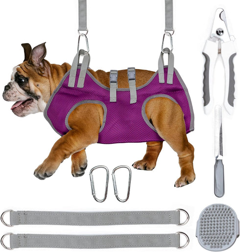 Dog Grooming Hammock - Pet Grooming Hammock with Nail Clippers for Dogs, Nail File, and Dog Bath Brush - Dog Hammock for Grooming with Strong Cent...