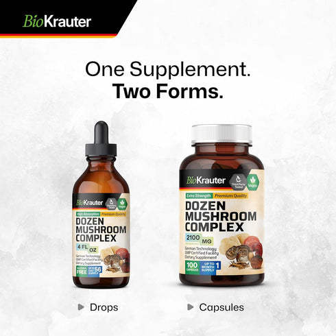 BIO KRAUTER Dozen Mushroom Complex Capsules 2100 mg Blend - 100 Vegan Caps - 12 Extracts in One Mushroom Supplement for Immune Support - Lions Man...