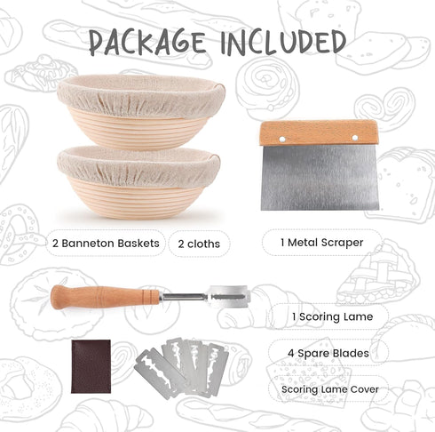 Proofing Baskets for Sourdough Bread Making, Dough Proofing Bowls Kit with Cloth Liner + Scoring Lame + Scraper for Professional & Home Sourdough ...