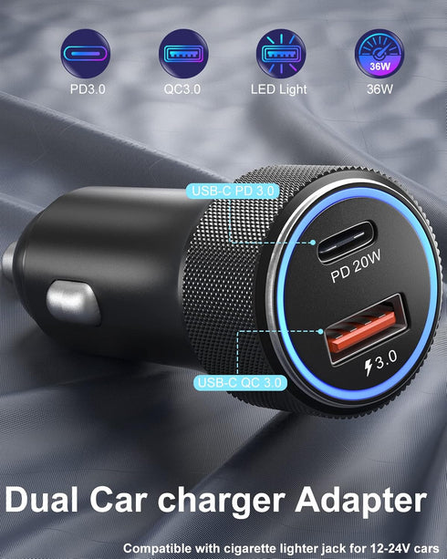 Car Charger, 38W 2-Port Fast Charging Cigarette Lighter USB-C Car Charger, iPhone Car Charger 2 Pack for iPhone 15 Plus/15 Pro/15 Pro Max/iPad Pro...
