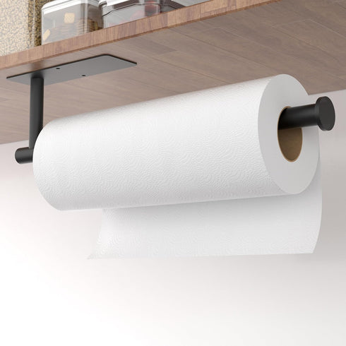 Paper Towel Holder Under Cabinet - Black Wall Mount Paper Towel Hanger, Stainless Steel, Self-Adhesive or Drilling, for Kitchen, Bathroom, RV...