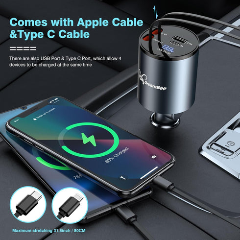 Retractable Car Charger,68W 4 in 1 Super Fast Charge Car Phone Charger,Retractable Cables (31.5 inch) and 2 USB Ports Car Charger Adapter for iPho...