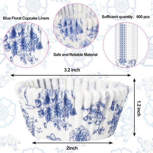 600Pcs Blue Floral Cupcake Liners Chinoiserie White Blue Flower Cupcake Wrappers Paper Disposable Decorative Muffin Brownie Cups for Baking Party ...