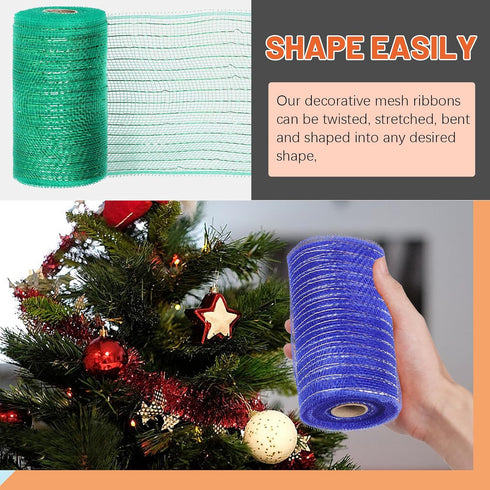 3 Rolls Mesh Ribbon, Christmas Deco Mesh Metallic Red Green Navy Blue Mesh Ribbon Rolls for Wreaths, Gift Wrapping, Party Decorations (6 Inch x 10...