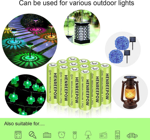 Henreepow Ni-MH AA Rechargeable Batteries, Double A High Capacity 1.2V 1300mAh Pre-Charged for Garden Landscaping Outdoor Solar Lights, String Lig...