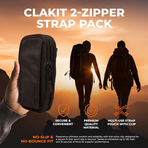 XL StrapPack Two Zipper Clip-On Pouch (Black), Travel Wallet, Backpack Pouch, Passport Holder...