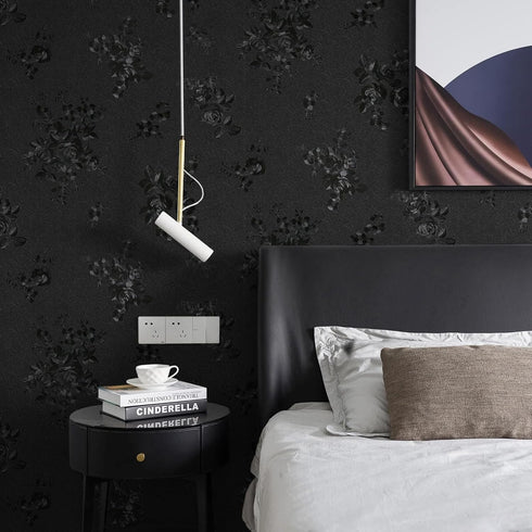 Black Peel and Stick Wallpaper Black Silk Embossed Floral Contact Paper for Cabinets Furniture 17.7’’×118’’ Textured Flower Wallpaper Self Adhesiv...