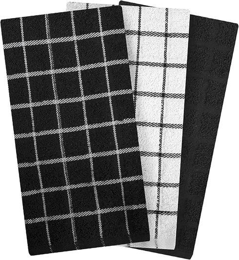 Ritz Premium 100% Cotton Terry Check Kitchen Dish Towels - Highly Absorbent, Super Soft, Long-Lasting, 25"x15", 3-Pack, Black...