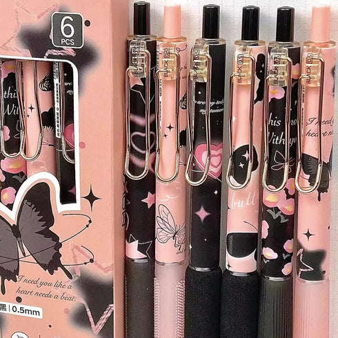 6 Pcs Gel Ink Pens Retractable Pens Cute Rose Flower Pen 0.5mm Black Ink Pen Writing Pens Office School Supplies for Girls Boys Women Men (Butterf...