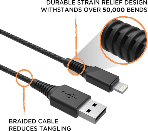 EcoSurvivor USB-A to Lightning Cable, 4 ft., Durable, Braided Cord, Tangle Free, Apple Certified, Compatible with iPhones, iPads, Macbooks, Black/...