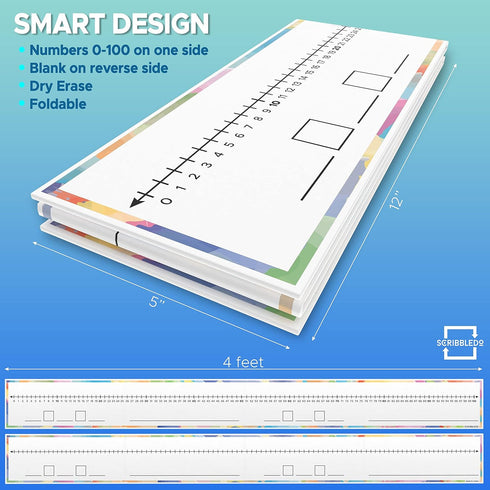 0-100 Dry Erase Number Line Board Double Sided 4 Feet Number Lines for Students with a Red & Black Dry Erase Marker Featuring 0-100 Number Line on...