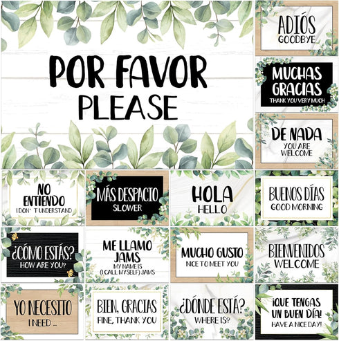 gisgfim 16 Pcs Spanish Words and Phrases Poster Set Spanish Phrases Bulletin Board Study Spanish Classroom Decoration for Teachers Preschool Schoo...