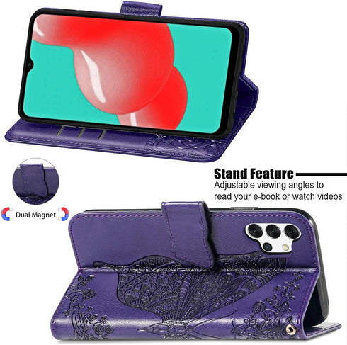 PU Leather Wallet Flip Protective Phone Case with Wrist Strap Card Slots Holder Pocket Emboss Butterfly Flower Stand Case for Samsung Galaxy A32 5...