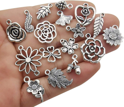 Youdiyla 100pcs Mix Silver Tree Flower Charms Collection, Bulk Mini Small Little Charms Metal Pendant Craft Supplies Findings for Necklace and Bra...
