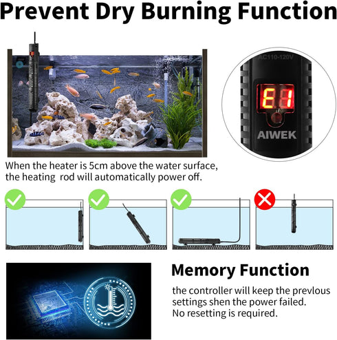 Aquarium Heater 50W 100W 300W 500W Upgraded Fish Tank Heater with Leaving Water Automatically Stop Heating and Advanced Temperature Control System...