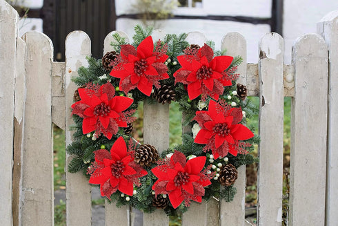 RECUTMS 10 PCS Red Glitter Poinsettia Flowers Christmas Tree Ornaments Fake Christmas Flowers Artificial Christmas Flowers Decorations Wedding Xma...