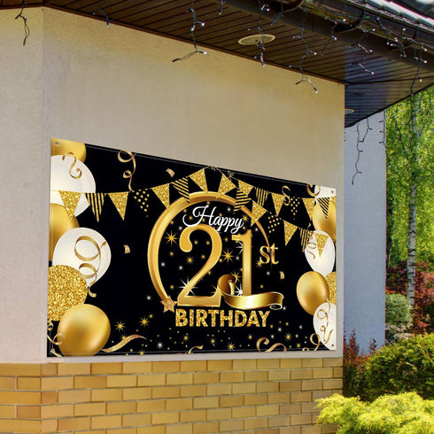 Birthday Party Decoration Extra Large Fabric Black Gold Sign Poster for Anniversary Photo Booth Backdrop Background Banner, Birthday Party Supplie...