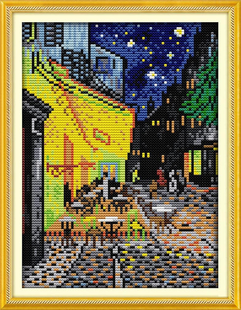 Amiiba Stamped Cross Stitch Kits, Cafe Terrace at Night DIY 11CT 9.4x13.7 inch (Van Gogh)...