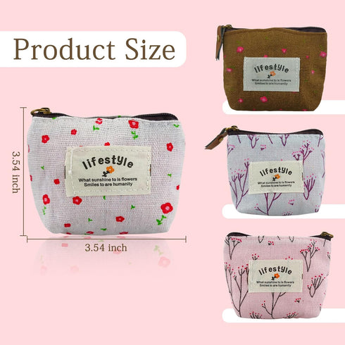 FuninCrea Small Coin Purse, 4 Pack of Different Cute Flower Patterns Canvas Coin Purse with Smooth Zip Mini Wallet for Storing Coin, Credit Card, ...