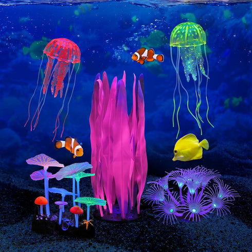 Lpraer 5 Pack Glow Aquarium Decorations Kelp Coral Mushroom Sun Flower Jellyfish Simulation Glow Plant Glowing Effect Silicone for Fish Tank Decor...