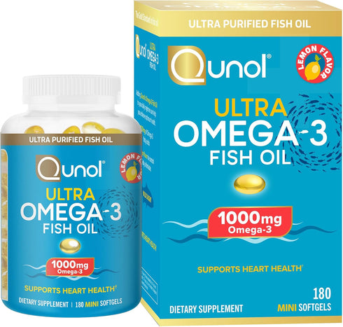 Qunol Fish Oil Omega 3 Mini Softgels, 1000mg Omega 3 EPA + DHA, Ultra Pure Supplements, Heart Health Support, Lemon Flavor, Easy to Swallow Minis,...
