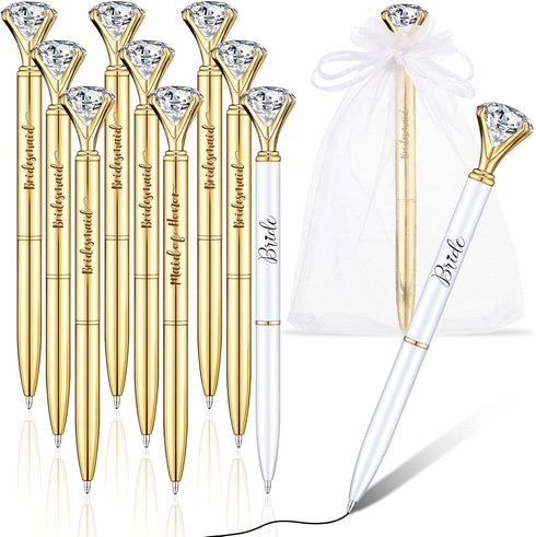 10 Pcs Bridal Shower Pens Bridesmaid Pens Diamond Pens with 10 Sheer Organza Bags Crystal Metal Ballpoint Pens Bling Pens for Wedding Party Favors...