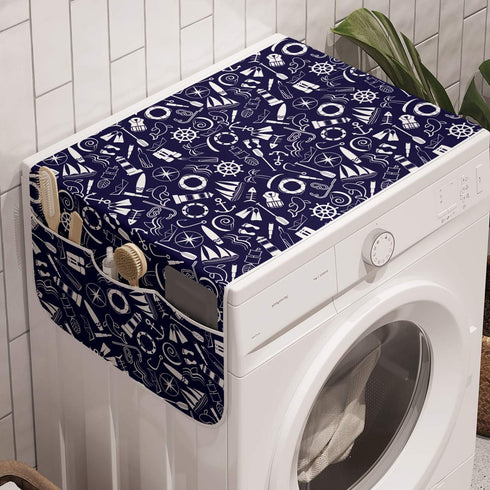 Lunarable Marine Washing Machine Organizer, Nautical Elements in Line Art Style on Blue Background Sea Travel Theme, Anti-slip Fabric Top Cover fo...
