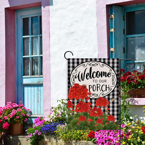 Home Decorative Welcome to Our Porch Geranium Spring Summer Garden Flag, Red Flower Black White Buffalo Plaid Check House Yard Outside Decoration ...