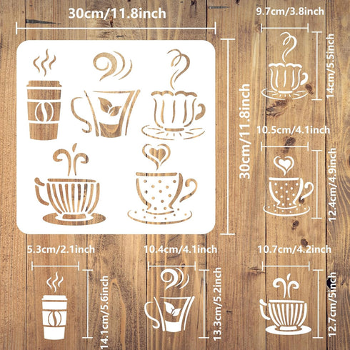 FINGERINSPIRE Hot Drinks Stencil for Painting 11.8x11.8inch Reusable Cups Mugs Stencil Large Coffee Tea Drawing Template Daily Theme Stencil for P...