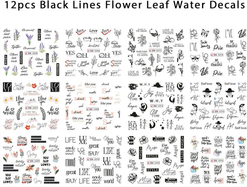 12 Sheets Flower Water Transfer Nail Decals Black English Letter Leaves Stickers for Nail Flower Tulip Nail Decals Water Transfer Nail Art Supplie...