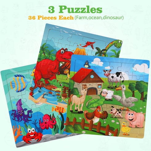 Wooden Puzzles Toys for Kids Ages 3-5, Set of 3 Packs with 36-Piece Wood Jigsaw Puzzles, Dinosaur, Farm and Ocean Theme. Ideal Gifts for Boys and ...