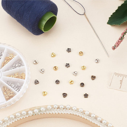 FINGERINSPIRE 240Pcs 4 Colors Mini Metal Buttons 4mm Heart & Star & Round Alloy Buttons Mini Tiny Buttons with Separate Compartment Box Small 2 Ho...