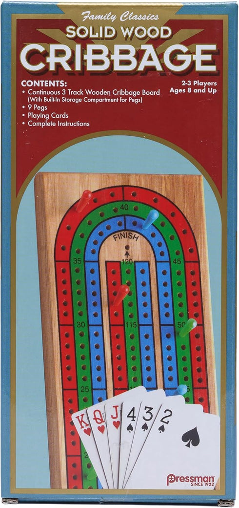 Family Classics Cribbage - Solid Wood Continuous 3 Track Board with Built-In Storage Compartment for Pegs...