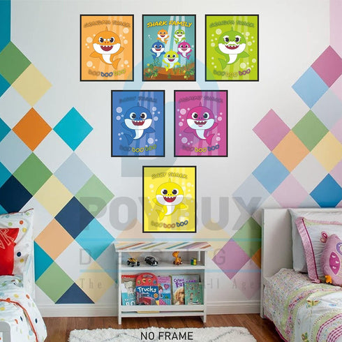PoyBux Design,Baby Shark Art Poster Drucke, Set von 6 (ungerahmt) (20.3x25.4 cm), Kinderzimmer-Wandkunst-Dekoration, Kinderzimmer Heimdekoration.,...