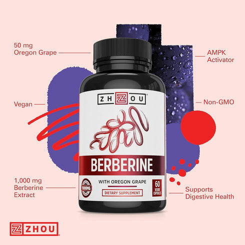Zhou Nutrition Berberine Supplement 1000mg with Oregon Grape, Vegan, Gluten-Free, 30 Servings...