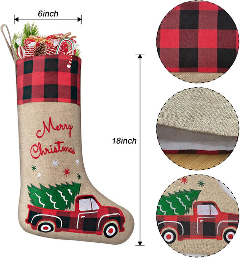 yuboo Burlap Christmas Stockings with Red Truck Xmas Decor 2 Pack, Buffalo Plaid Christmas Stockings 18-Inch Red Truck Christmas Ornaments Decorat...