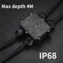 Waterproof IP68 Junction Box 4 Way, External Underground Electrical Junction Box, Black Outdoor Cable Connector Box for Diameter 4mm -10mm Wire Gl...