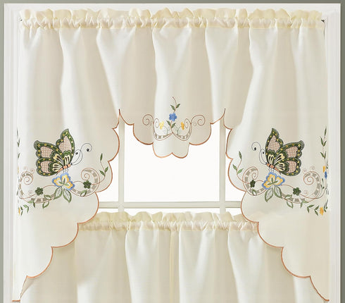 GOHD Dancing Butterfly. 3pcs Multi-Color Embroidery Cafe Curtain Set/Swag & Tiers Set with cutworks. Window Treatment Set for Small Windows. (SAGE...