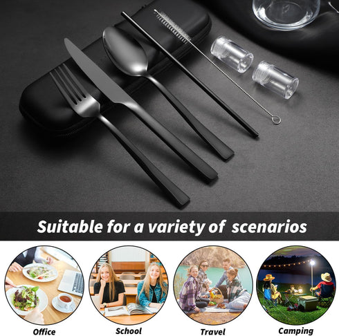 Portable Travel Utensils with Case, Black Stainless Steel Reusable Silverware Set for Lunch Work School Camping Picnic, Durable Travel Cutlery Set...