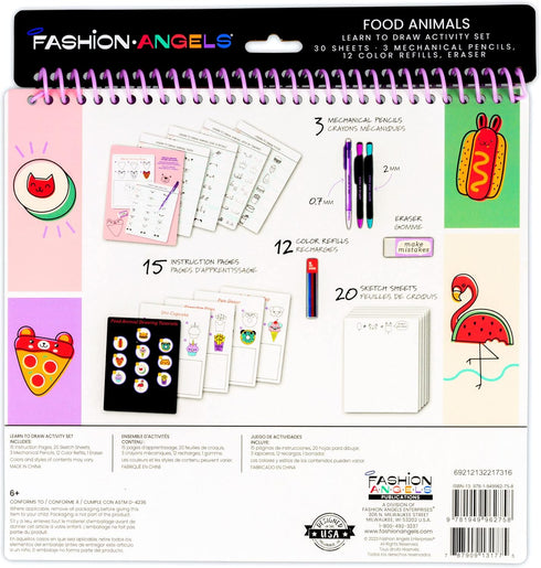 Fashion Angels Step-by-Step Learn to Draw Food Animals Portfolio - 30 Sheets, 3 Mechanical Pencils, 12 Color Refills, 1 Eraser - Instructional Kaw...