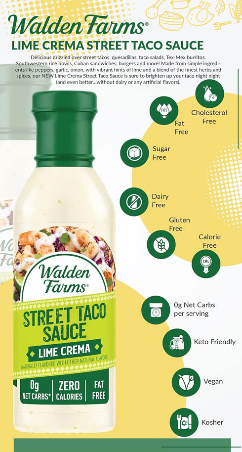 Walden Farms Lime Crema Street Taco Sauce 12oz. Bottle (2 Pack) Creamy & Flavorful, Vegan, Paleo & Keto Friendly, Non-Dairy Milk Substitute, Perfe...