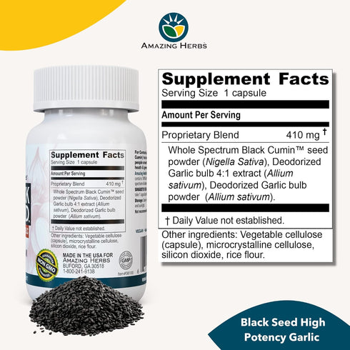 Amazing Herbs Whole Spectrum Black Seed & High Potency Garlic, Vegetarian Capsules - Gluten-Free, Non-GMO, Vegan, Supports Immune System, Lung Fun...